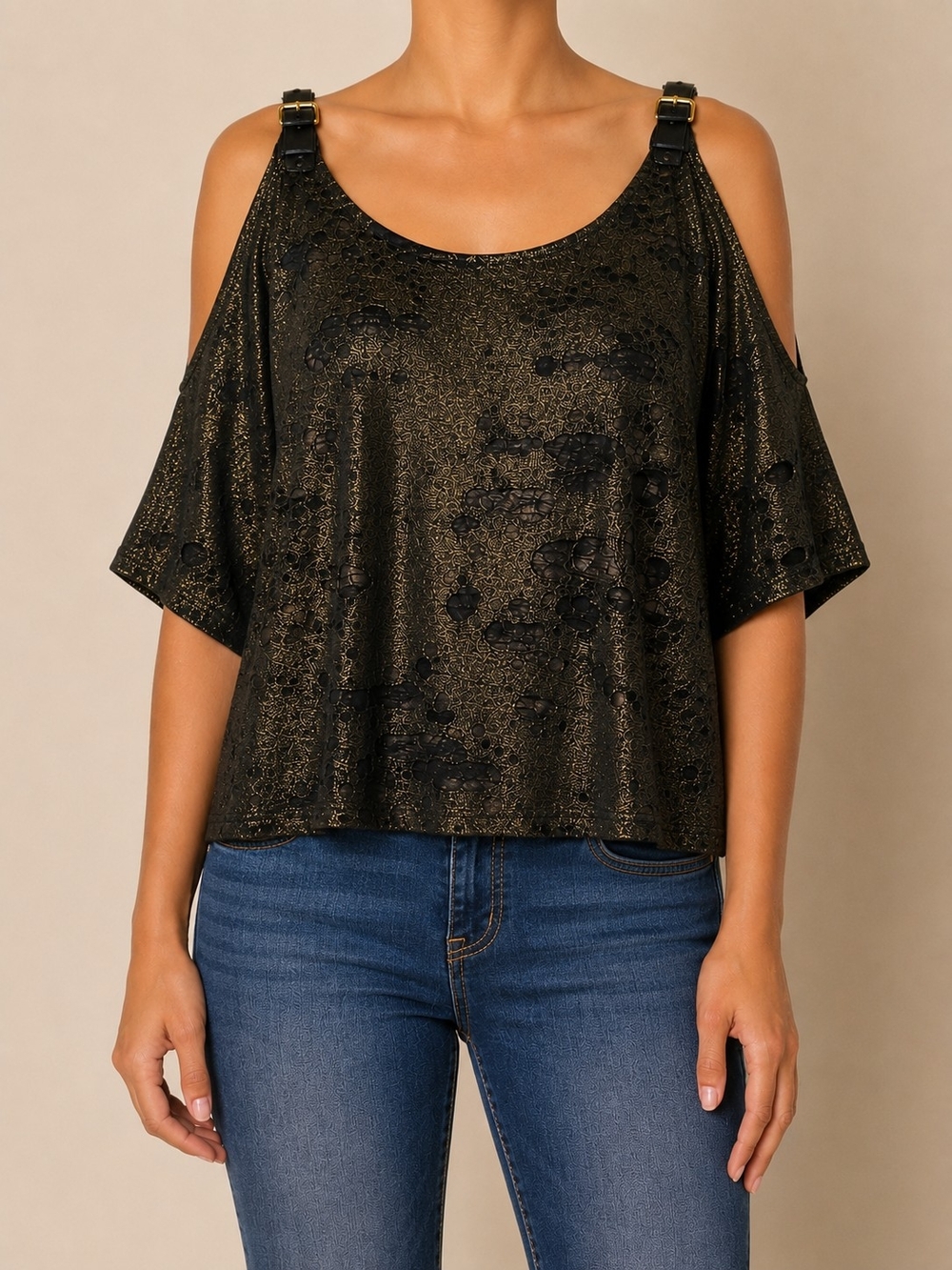 Michael Michael Kors Metallic Cold Shoulder Burnout Top Large Black Y2K style - Picture 1 of 9
